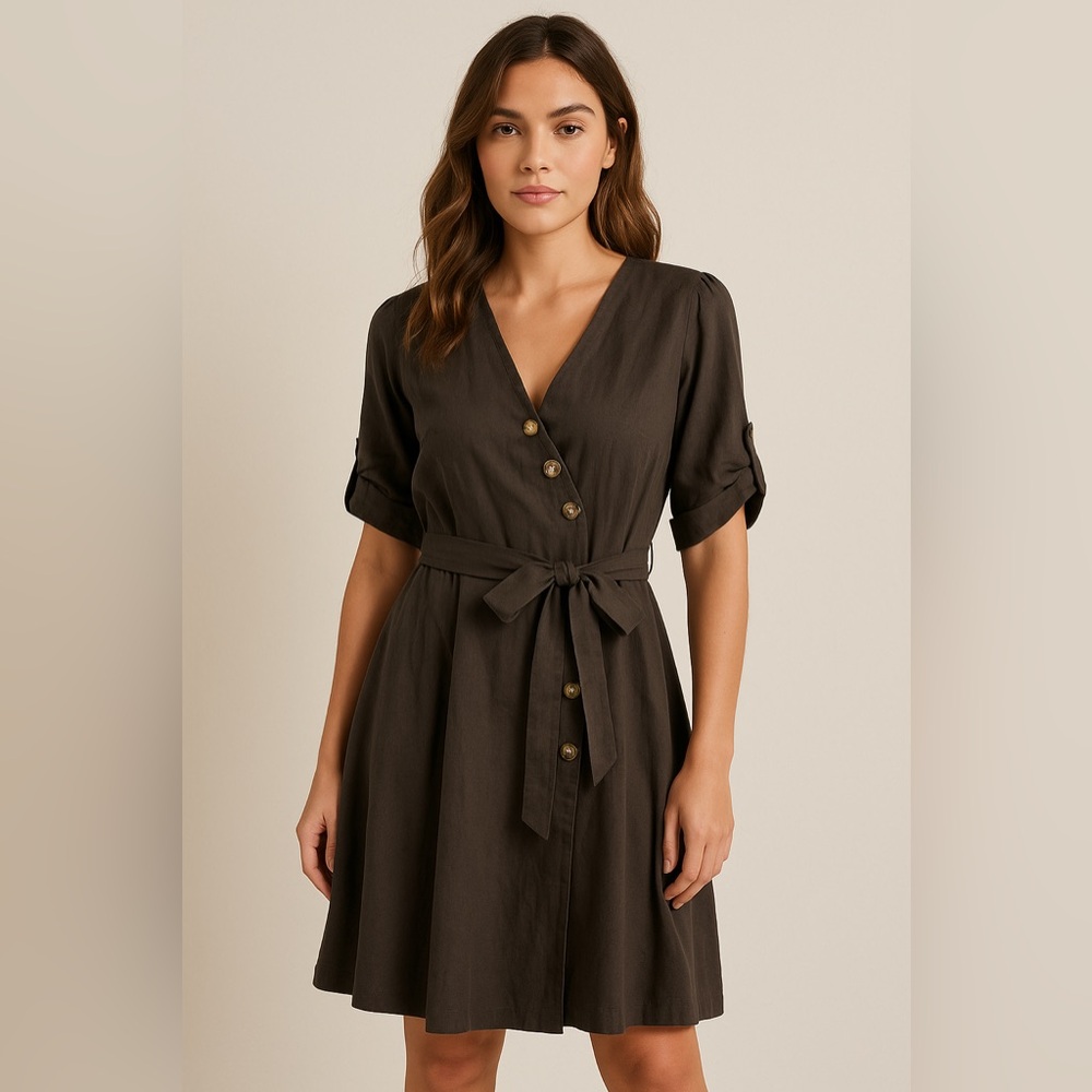 Gray V-Neck A-Line Dress with Cuffed Sleeves